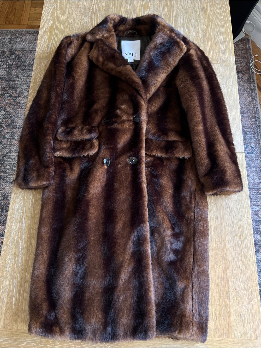 NVLT Rich Brown Faux Fur Double-Breasted Long Pea Coat